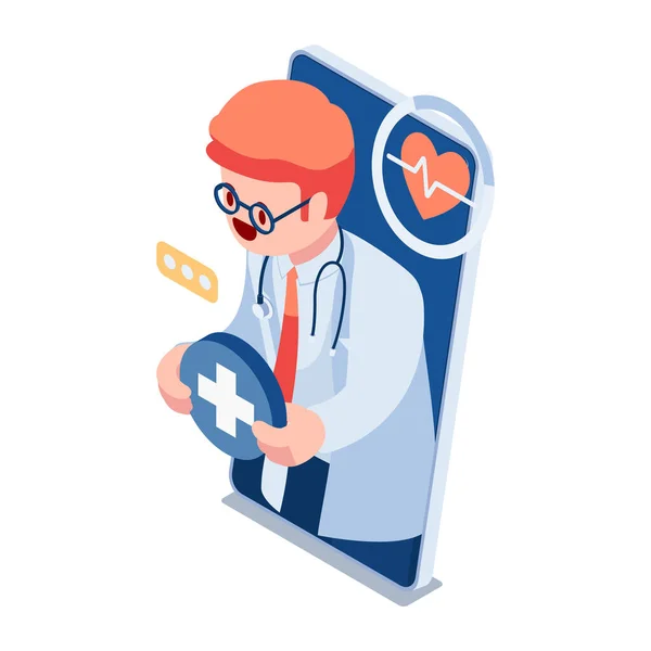 Flat Isometric Doctor Available Instant Medical Consultation Smartphone Telemedicine Concept — Vector de stock