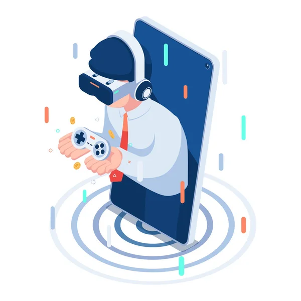 Flat Isometric Businessman Wearing Glasses Holding Video Game Controller Metaverse — Vector de stock
