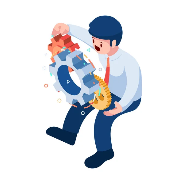 Flat Isometric Businessman Holding Gears Productivity Business Process Management Concept — Archivo Imágenes Vectoriales