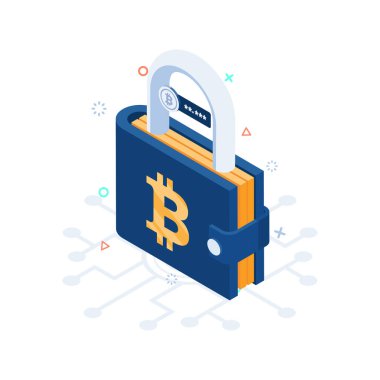 Düz 3D Isometric Kilitli Bitcoin Cüzdanı. Kripto Para Birimi Donanım Cüzdanı ve Engelleme Teknolojisi Konsepti.