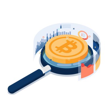 Büyüteç ve Grafikte 3D Isometric Bitcoin. Bitcoin Fiyat Analizi ve Kripto Para Birimi Kavramı.