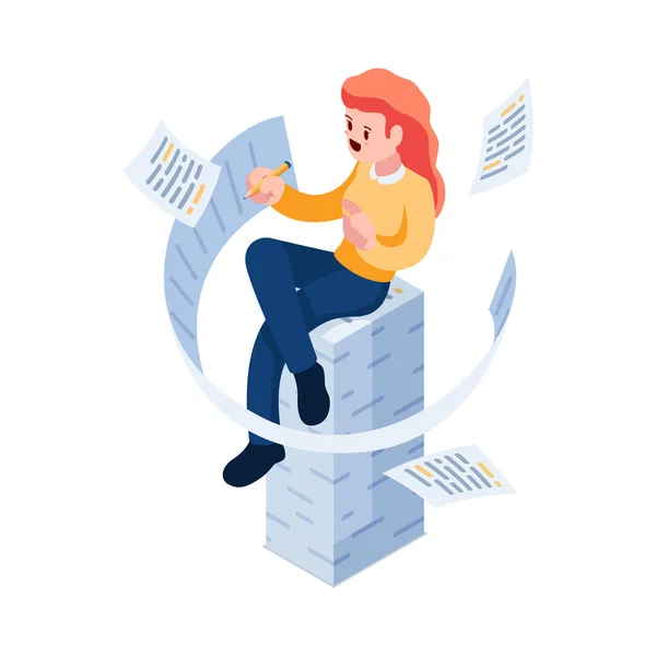 Flat Isometric Woman Writing Sitting Document Stack Writer Paperwork Concept — Stock vektor