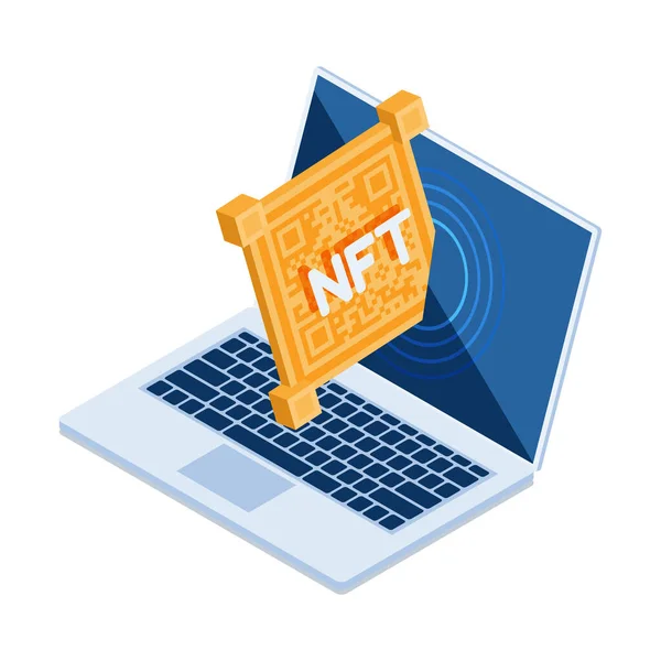 Flat Isometric Nft Art Laptop Monitor Non Fungible Token Cryptocurrency — Image vectorielle
