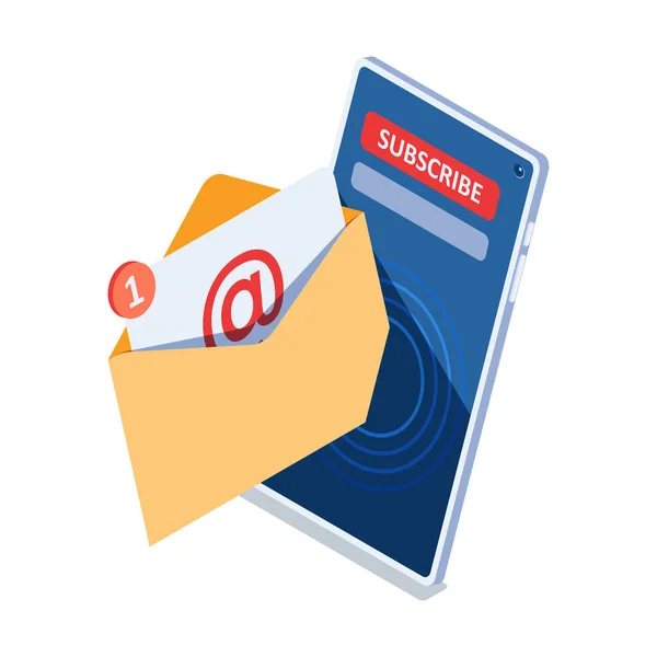 Flat Isometric Email Notification Subscribe Button Smarthpone Screen Newsletter Subscription — Vetor de Stock