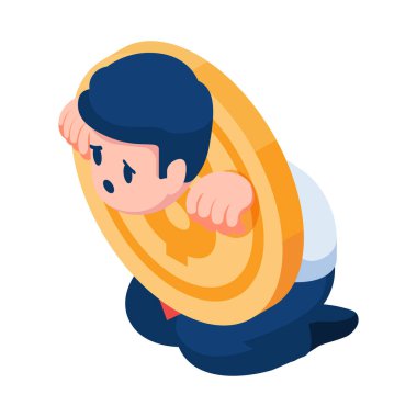 Düz 3D Isometric İşadamı Dolar Sikkeye Sıkıştı. Borç ve Mali Konsept.