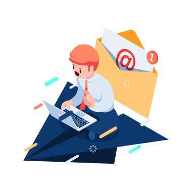 Flat 3d Isometric Businessman Sitting on Paper Planes using Laptop with Email. Email Marketing and Subscription Service Concept.