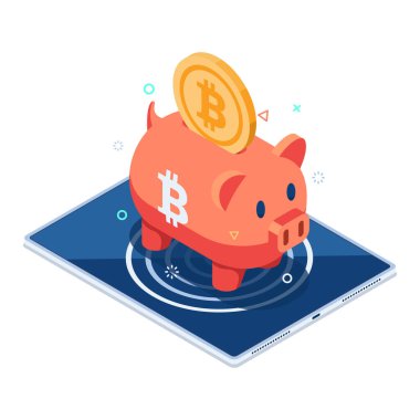 Flat 3d Isometric Bitcoin Piggy Bank on Digital Tablet. Bitcoin Saving and Cryptocurrency Hardware Wallet Concept.