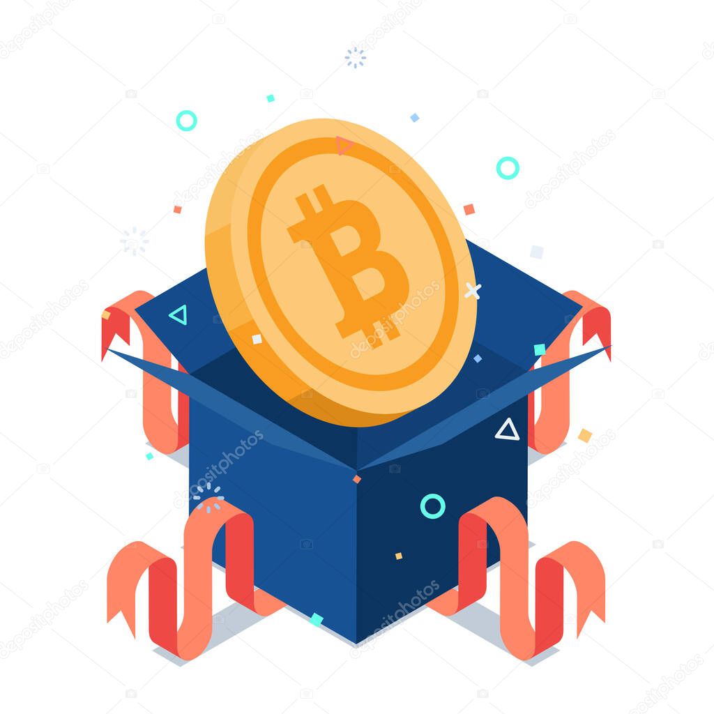 Flat 3d Isometric Bitcoin Inside Gift Boxes Showing Up. Bitcoin and Cryptocurrency airdrop Gift Concept.