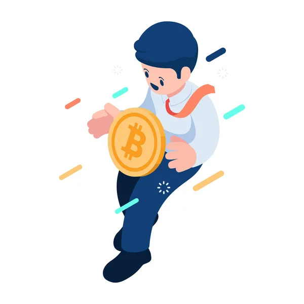 Flat Isometric Businessman Floating Holding Bitcoin Bitcoin Cryptocurrency Investment Concept — Image vectorielle