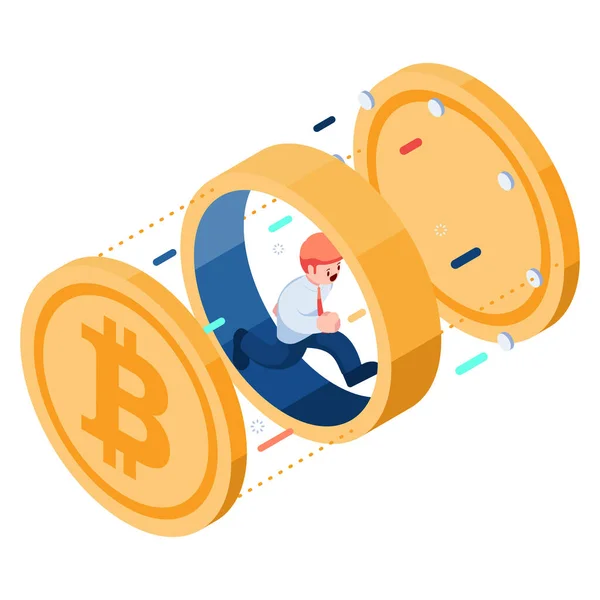 Flat Isometric Businessman Running Bitcoin Bitcoin Cryptocurrency Concept — Image vectorielle