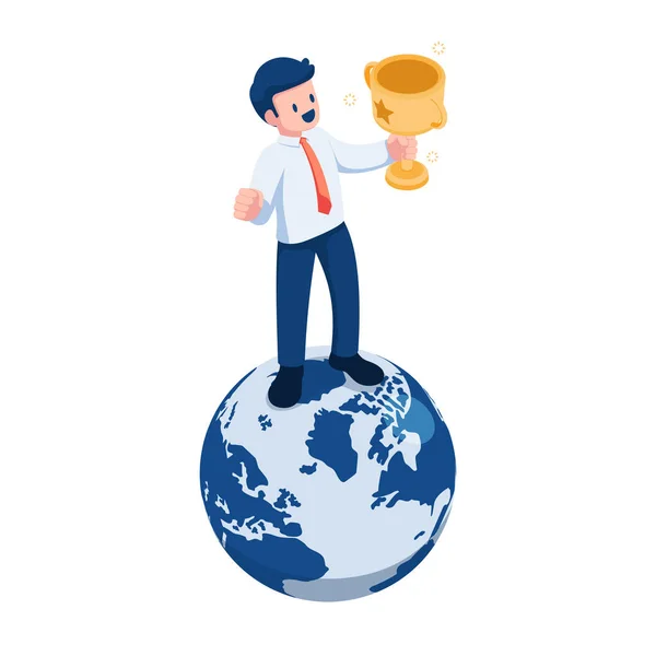 Flat Isometric Businessman Holding Trophy Stands Top World Business Success — 图库矢量图片