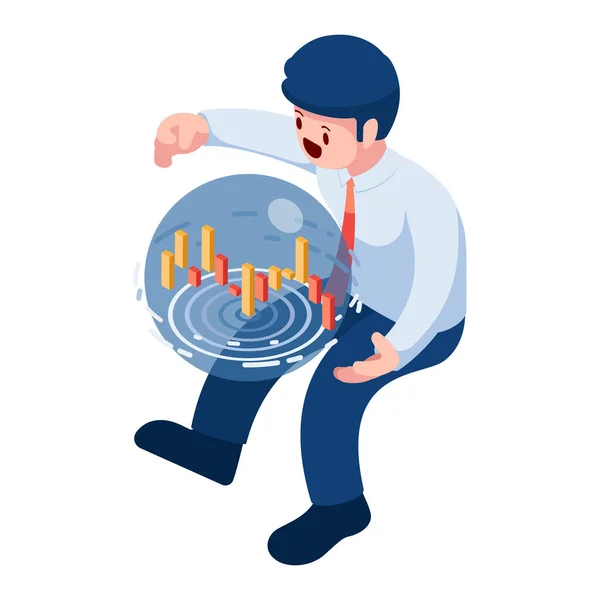 Flat Isometric Businessman Holding Crystal Sphere Candlestick Chart Stock Market — Vector de stock