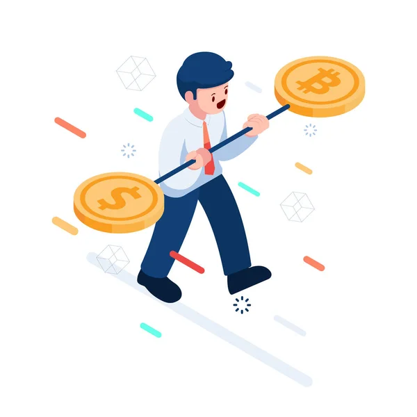 Flat Isometric Businessman Trying Balance Dollar Bitcoin Usd Stablecoin Cryptocurrency — Image vectorielle