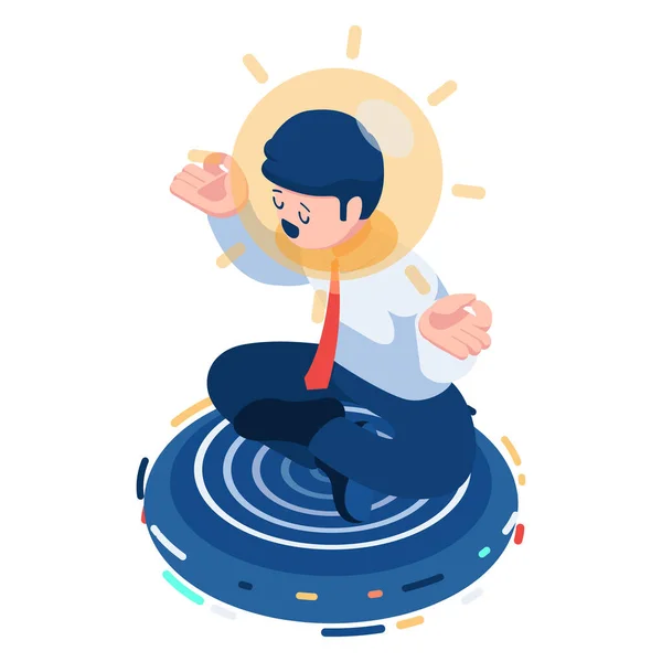 Piso Empresario Isométrico Haciendo Meditación Con Bombilla Cabeza Concepto Idea — Vector de stock