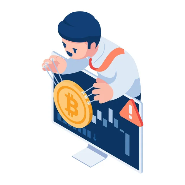 Appartement Isometric Homme Affaires Manipuler Bitcoin Prix Bitcoin Cryptocurrency Market — Image vectorielle