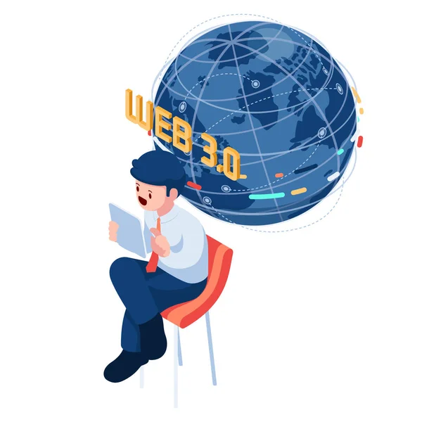 Flat Isometric Businessman Mit Web World Globe Web Technologie Und — Stockvektor