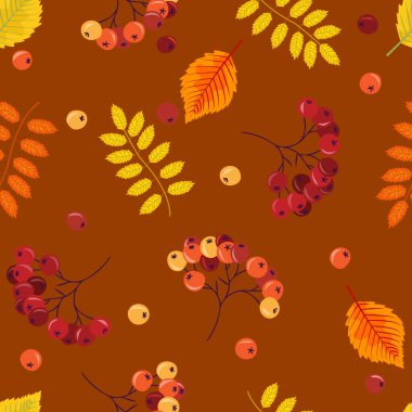 Güzel sonbahar yaprakları ve parlak bir arka planda yaban mersinleri olan kusursuz bir desen.