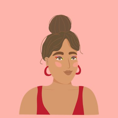 Parlak, güzel esmer bir kadının portresi, soyut biçimlendirilmiş, pembe arka planda, vektör illüstrasyonunda