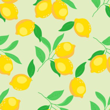 A pattern of lemons, branches and leaves on a delicate green background, vector illustration