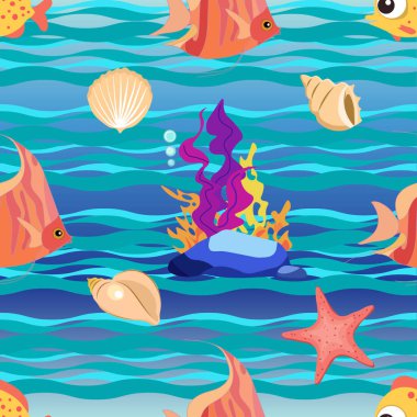 Seamless pattern of sea creatures, fish, algae and sea stones and shells on a bright, beautiful, abstract sea background, vector illustration