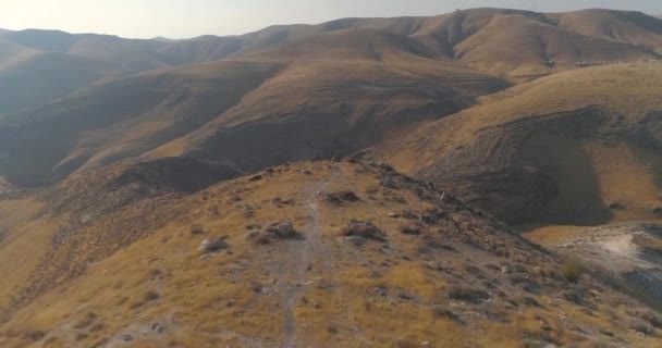 Panoramautsikt över bergen Judeen och Samariaöknen i södra Israel. Top hill berg blå himmel och moln landskap i horisonten med skugga terräng kurvor Judéen Vildmark — Stockvideo