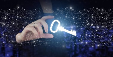 Veri koruma gizlilik kavramı. GDPR. AB mi? Karanlık arka planda el ele tutuşan dijital hologram anahtar işareti. Anahtar Kelime Simgesi İş Dünyası İnternet Teknolojisi Kavramı.