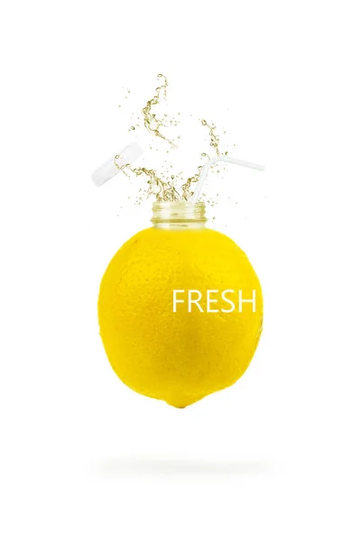 Yellow Lemon Form Bottle Citrus Minimal Concept Vitamin Bottle Lemon — Stock Photo, Image