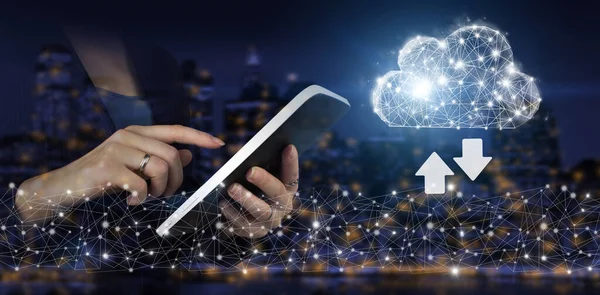 Dijital hologram bulutlu beyaz tablete dokun, indir, şehrin karanlık arka planındaki veri işareti bulanık. Modern bulut teknolojisi. Bütünleşik dijital web kavramı arka planı.