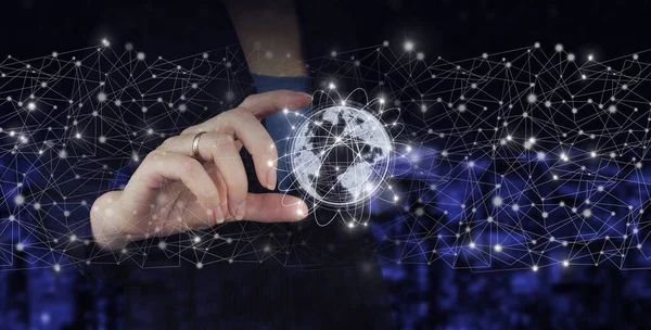 Global World Telecommunication Network Hand Hold Digital Hologram World Earth — Foto Stock