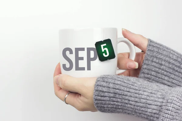 9月5日 月の5日 カレンダーの日付 グレーのセーターに身を包んだ女性の手を閉じ ティーカップを持ち ティーバッグのラベルに月とカレンダーの日付を記入します 秋の月 その年のコンセプトの日 — ストック写真