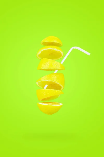 Levitation Creative Image Whole Slices Fresh Lemon Falling Suspended Air — Zdjęcie stockowe