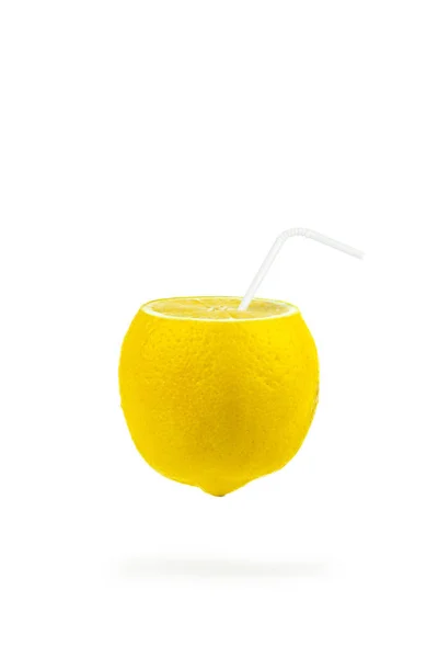 Summer Refreshing Drink Levitation Lemon Slices Straw White Background Levitation — Zdjęcie stockowe
