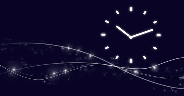 İş hayatı, yönetim iş planlarını aktarma zamanı. Sanal ekranda 24 saatlik dijital hologram işareti ve gark mavi arkaplan