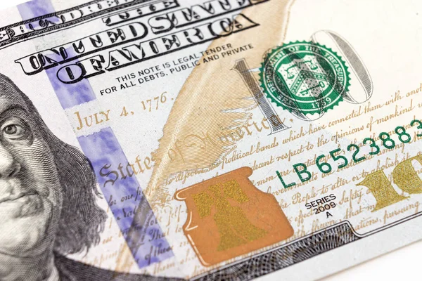 Fragmento 100 Dólares Novos Notas Dólares Dos Estados Unidos Fragmento — Fotografia de Stock