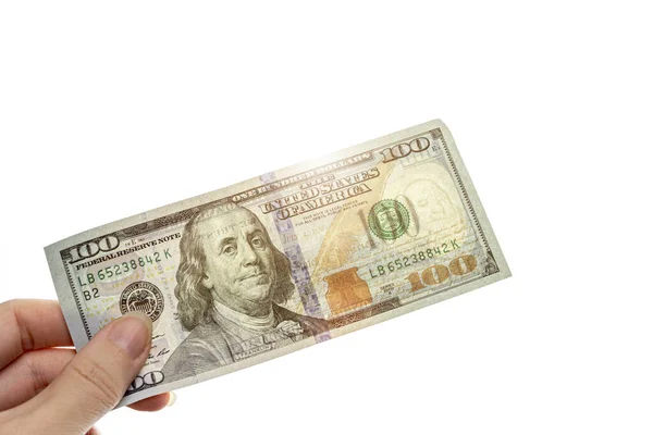 Nowe Przykładowe Pieniądze Widok Bliska Studolarowy Banknot Ludzkiej Dłoni Światłem — Zdjęcie stockowe