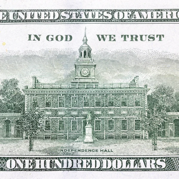 Amerikaanse Dollar Independence Hall Achtergrond Honderd Dollar Biljet Close Fragment — Stockfoto
