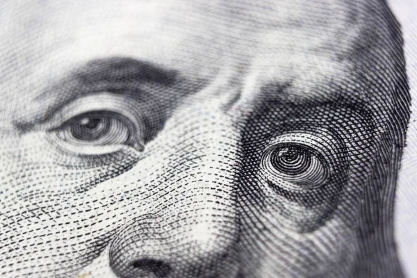 Estados Unidos Cem Dólares Dinheiro Olhos Benjamin Franklin Fragmento 100 — Fotografia de Stock