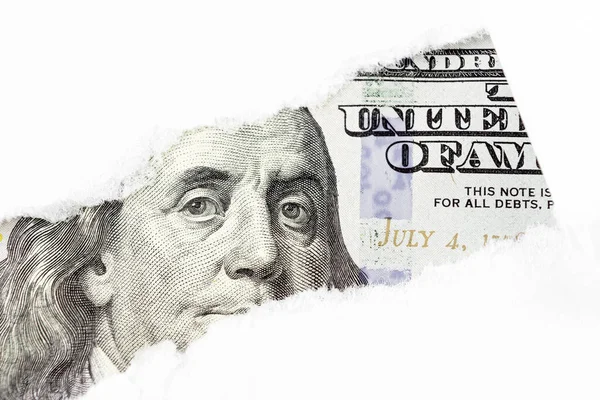 Honderd Dollar Biljet Fragment Benjamin Franklin Portret 100 Bankbiljet Gescheurd — Stockfoto
