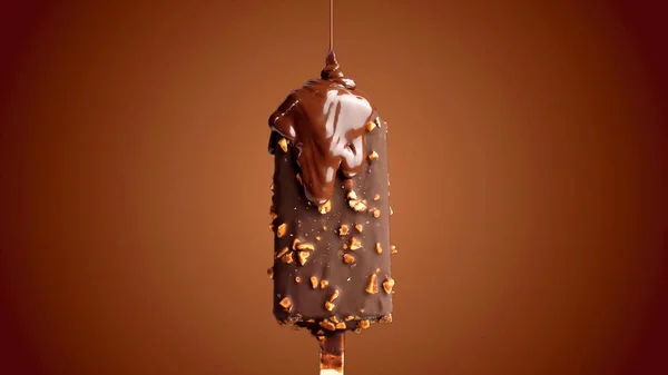 Çikolata Sosu Çikolatalı Dondurma Çubuğunun Üzerine Dökülüyor — Stok fotoğraf