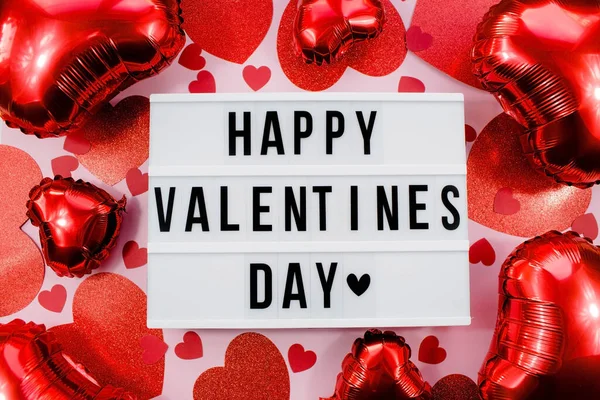 Stylish Text Frame Lightbox Inscription Happy Valentine Day Red Hearts — Stockfoto