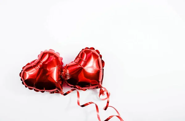 Banner Red Heart Foil Balloon White Valentines Day Background Copyspace — Stockfoto