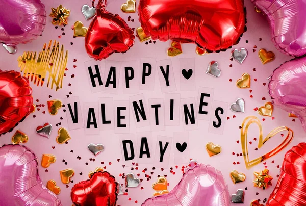 Stylish Text Frame Inscription Happy Valentines Day Pink Red Gold — Stockfoto