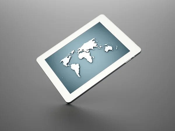 Weiße Tablette mit Weltkarte blau — Stockfoto
