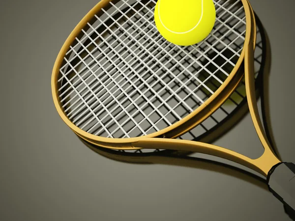 Žlutá tenisovou raketu s míčem — Stock fotografie