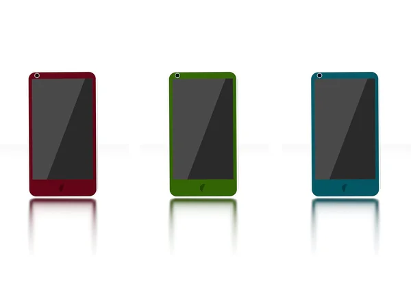 Tres teléfonos celulares de colores con reflejo —  Fotos de Stock