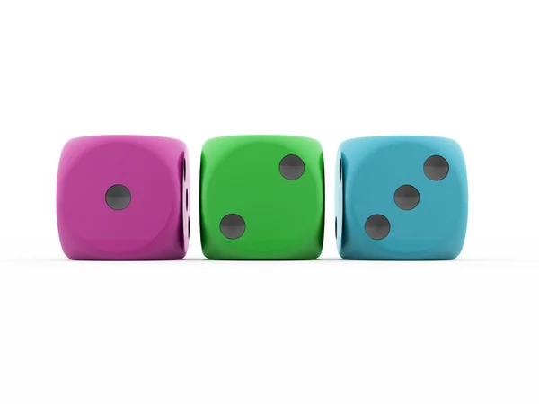 Three colored dice isolated on white — Stock Photo, Image