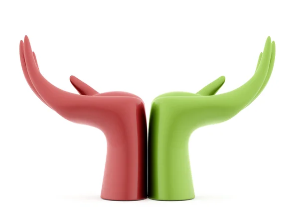 Two hands art concept one is green and one red rendered and isolated — Stock Photo, Image