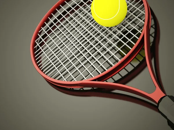 Red tennis racket rendered with ball — Stock Photo, Image