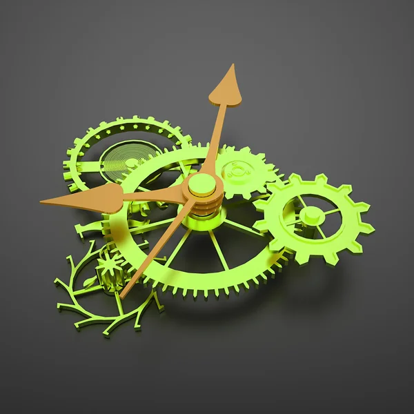 Green clock mechanism gears with orange arrows — Stock Photo, Image