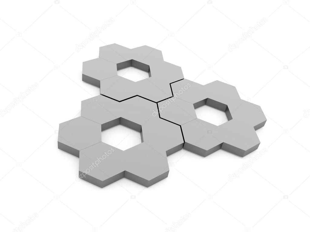 Three silver abstract gears rendered isolated  